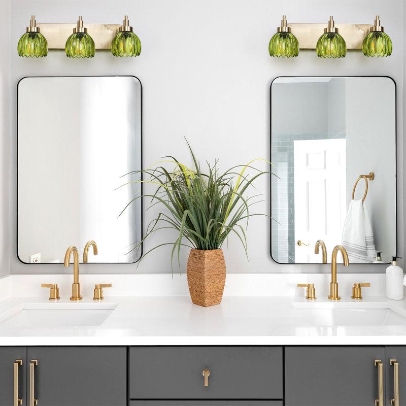 3-light Vintage Vanity Light With Tulip Green Glass Shades - Bathroom Armed Wall Sconce For Bedroom, Kitchen, Living Room & Washroom