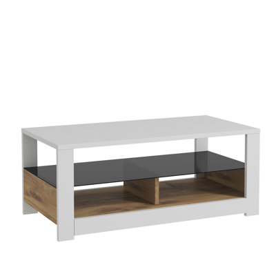 Modern Coffee Table with Numerous Shelves, White & Oak, 35.4 x 14.6 x 14.6 inches | 100% Melamine Coated Particle Board, Thickness: 0.7 inches | Wall-Fixable Design, Stylish & Functional for Living Room & Office Spaces