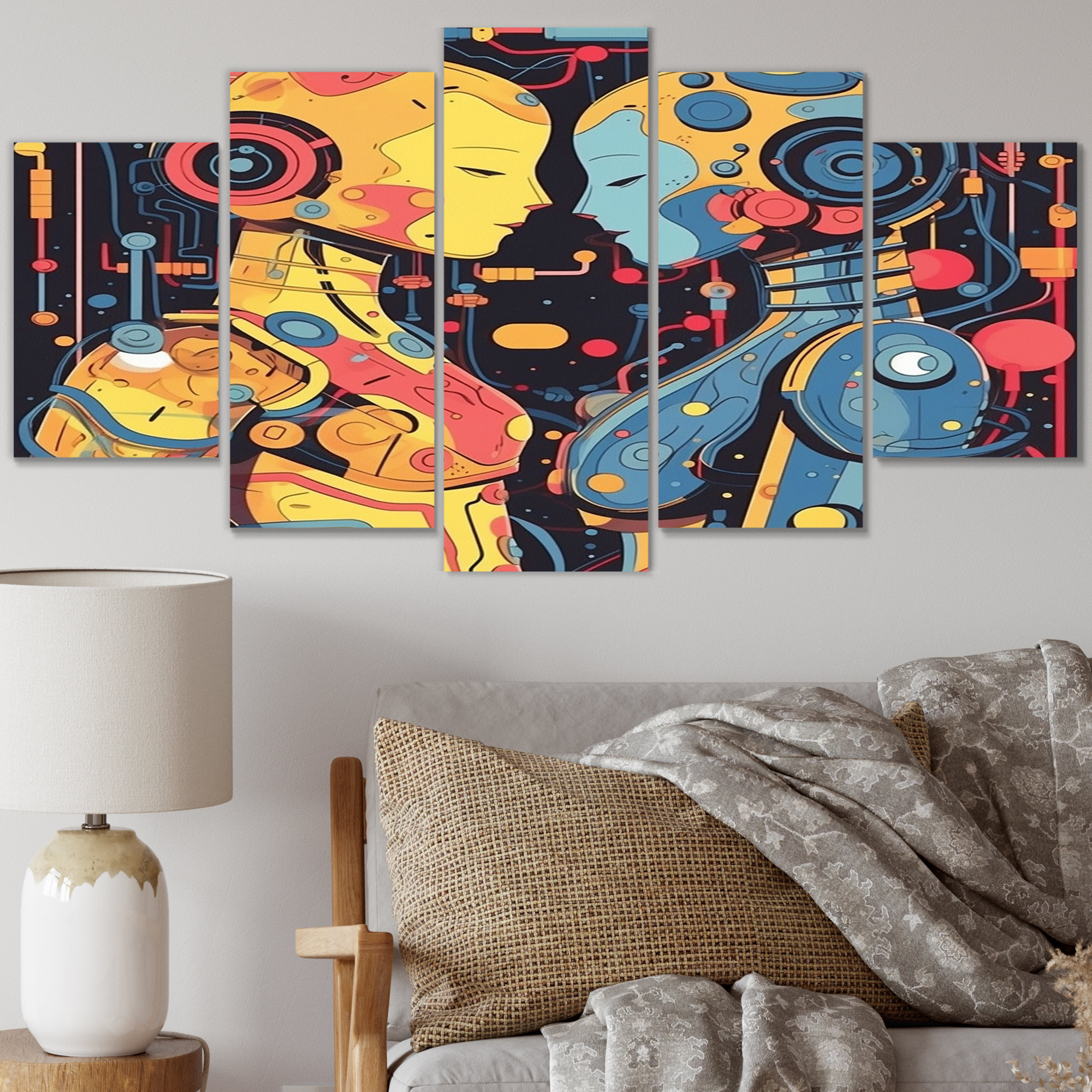 Design Art Charming Robots Celebrating Love Retro II - Robot Wall Art ...