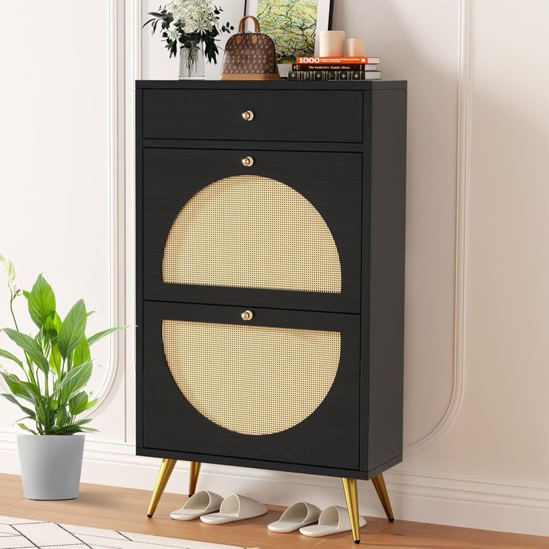 Rattan Shoe Storage Cabinet with Drawer, Black
