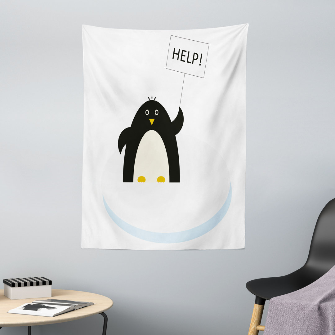 Wandteppich, Pinguin auf Eis Need Help, Tier, Schwarz Weiß und Himmelblau