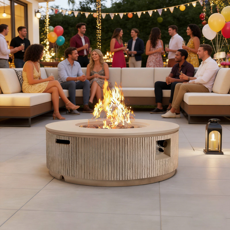 38" Round Propane Fire Pit Table With Vertical Stripe Design And Cover, Brown