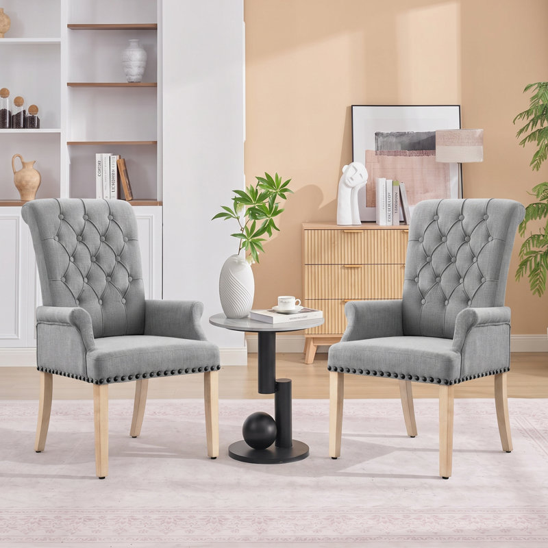 Amdad Tufted Upholstered Fabric Dining Chair with Arms, Light Gray, Natural, Linen