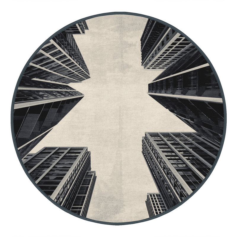 Machine Washable Ottavio Modern & Contemporary Geometric Rug in Beige Binding, 4' Round