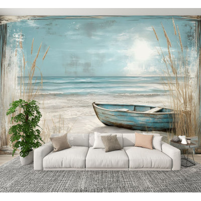 Papier peint pelez et collez, bateau nautique, océan, mouette, oiseau de mer, bord de mer, bois bleu, herbes murales, papier peint amovible, adhésif en PVC, H 100 po x l 144 po, pour chambre à coucher, bureau à domicile, bureau