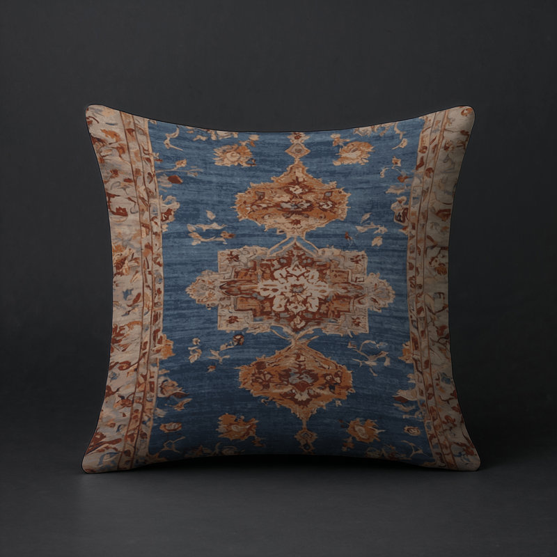 Coussin décoratif intérieur et extérieur Modern, Carré 16 po, Bleu marine / rouille / damas crème