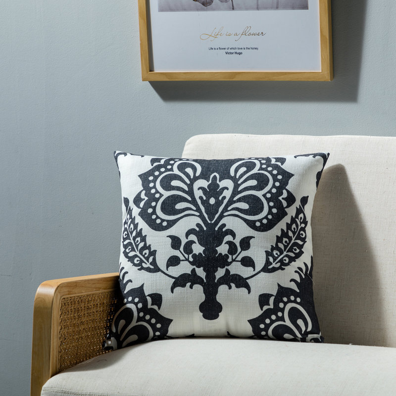 Vienna Floral Linen Throw Pillow, Polyester/Polyfill, Black Damask