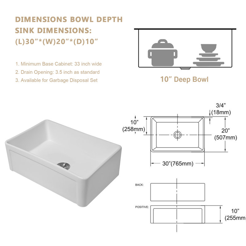 30" L x 20" W Ceramic Farmhouse Kitchen Sink, Reversible Single Bowl Kitchen Sink with Sink Grid and Basket Strainer