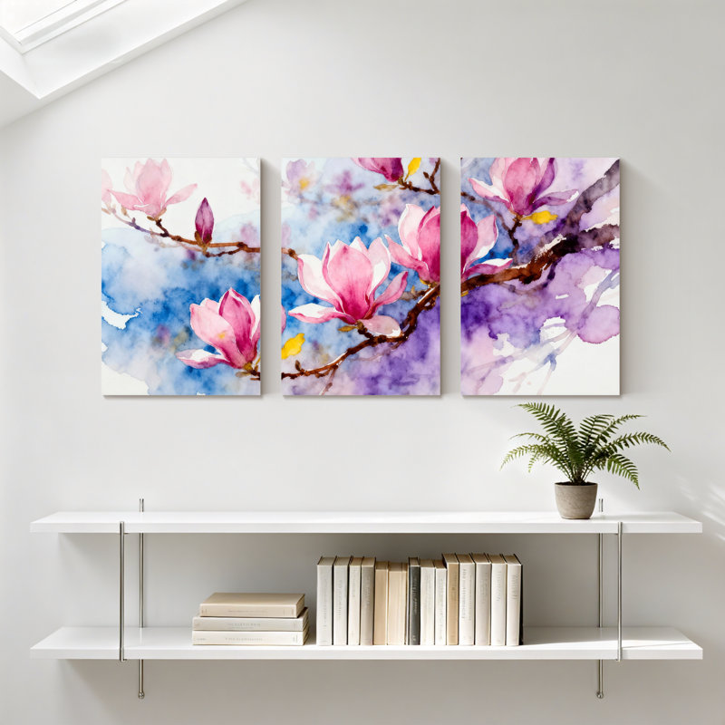 «Magnolia Pink Magnolia Flowers On Branches», ensemble de 3 impressions sur toile, H 24 po x l 48 po