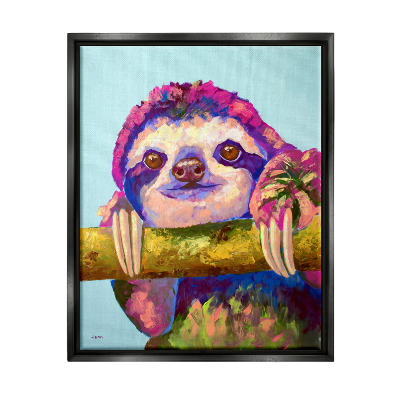 «Happy Sloth», animal sauvage audacieux - peinture, Cadre flottant noir de jais, H 21 po x l 17 po x P 1,7 po