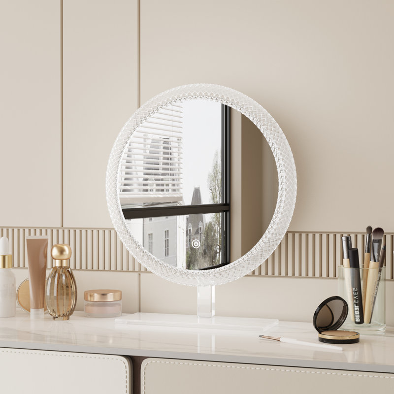 LED Lighted Vanity Mirror with 3 Color Temperatures (Cool/Natural/Warm Light), Touch Control Stepless Dimming, Eye-Caring Soft Light, Diamond-Shaped Frame & Acrylic Base, HD Clear Mirror