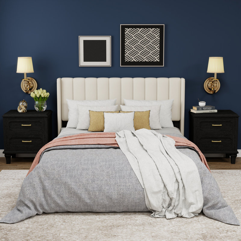 Upholstered Wingback Platform Bed, Beige, Queen