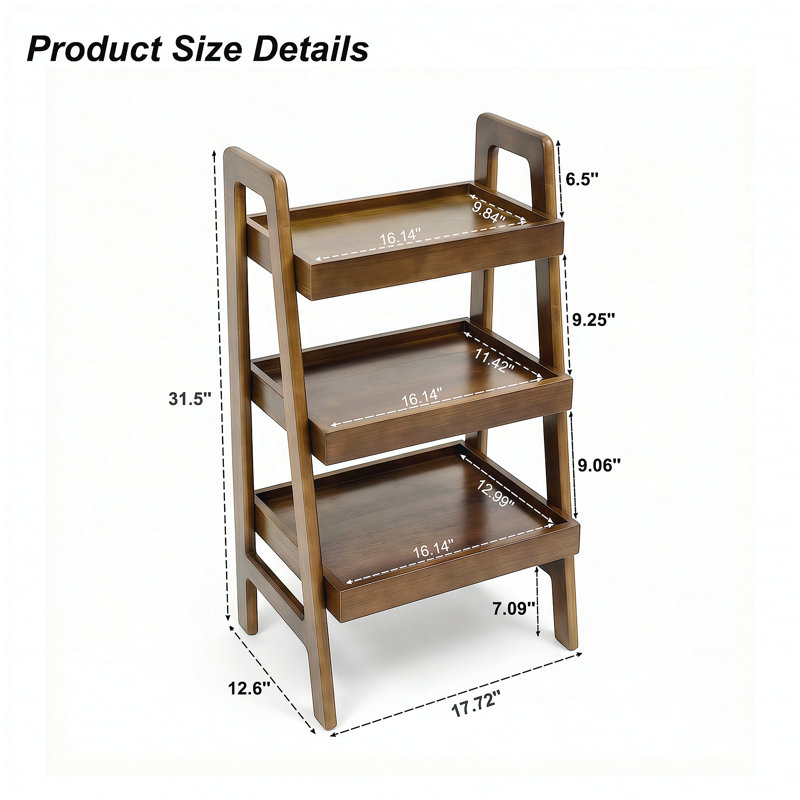 100% Solid Wood Ladder Shelf, 3 Tier Small Ladder Bookshelf, Freestanding Ladder Shelf with Open Storage,Side Table for Living Room, Bedroom, Study, Home Office, Saving Space, Walnut