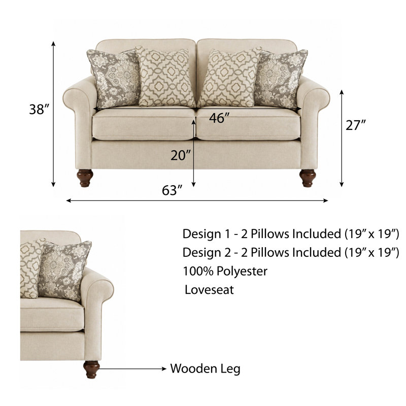 Canapé en tissu avec 2 coussins Manhattan, 38" H x 63" W x 37" D, Beige