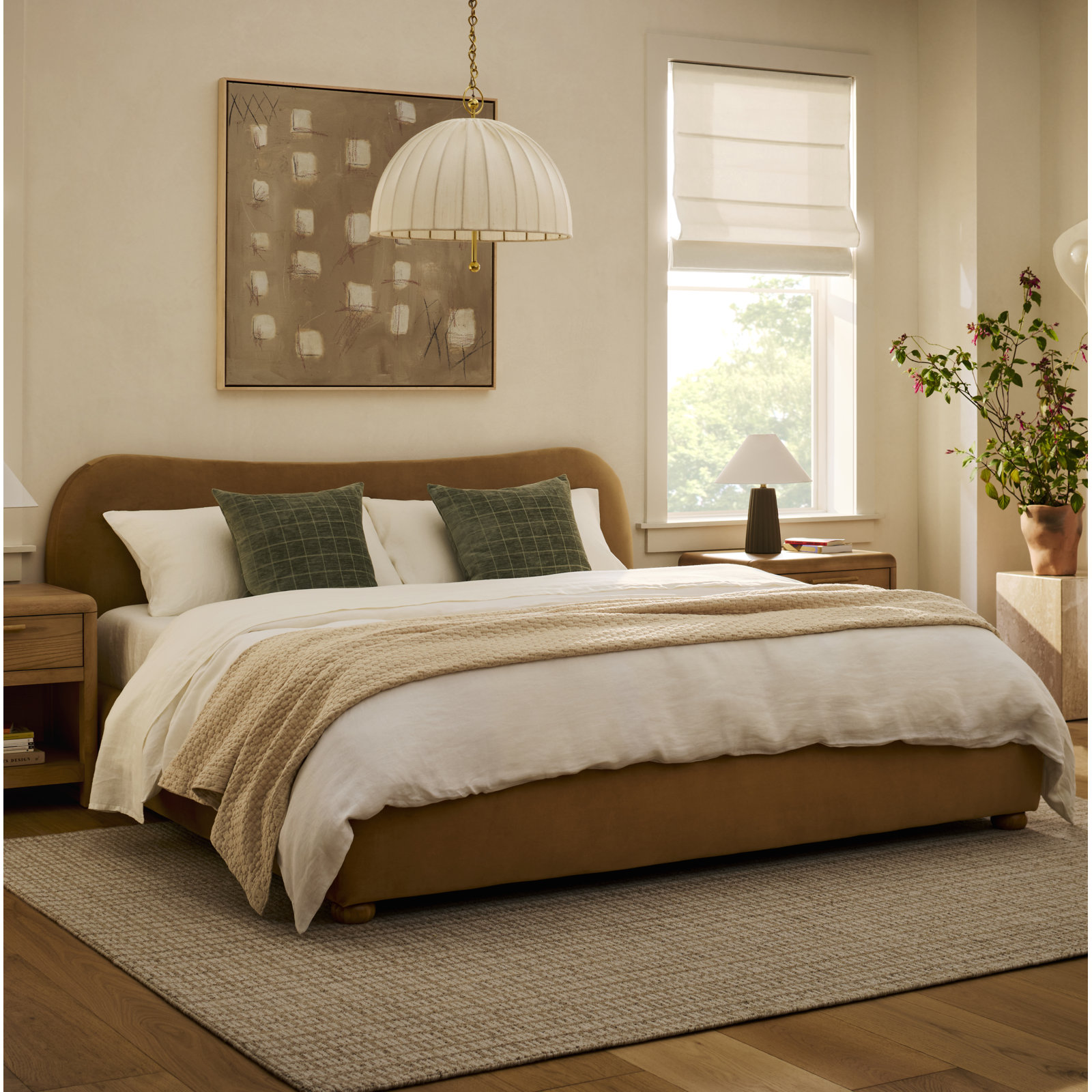 Liza Upholstered Bed, King, Light Brown Velvet