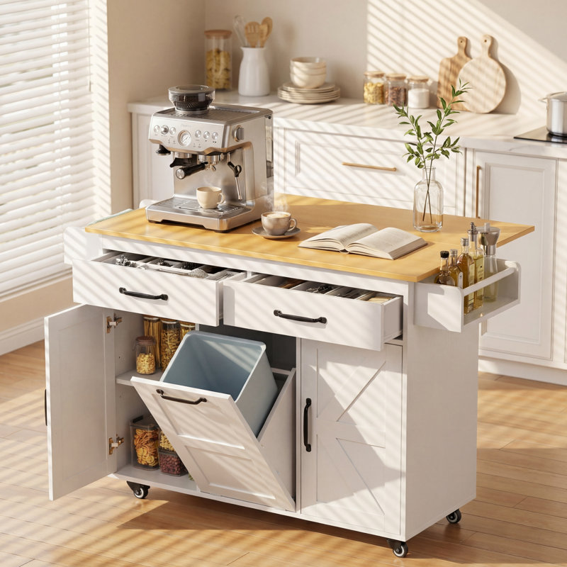 Kitchen Island With Drop Leaf, Tilt-Out Trash Can Cabinet, Rolling Kitchen Cart, Storage Cabinet With Drawers, Rubber Wood Top.