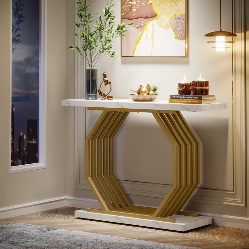 Hailynn 39.37'' Gold Console Table, White