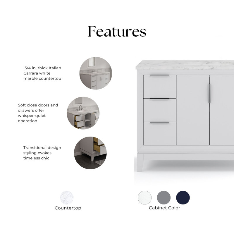 Elizabeth 48" Single Bathroom Vanity Set with Faucet, Pure White, Hook