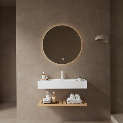 Meuble-lavabo de 36 po avec lavabo vasque, lavabo intégré mural flottant rectangulaire en acrylique blanc sans robinet, étagère rayée, bois naturel