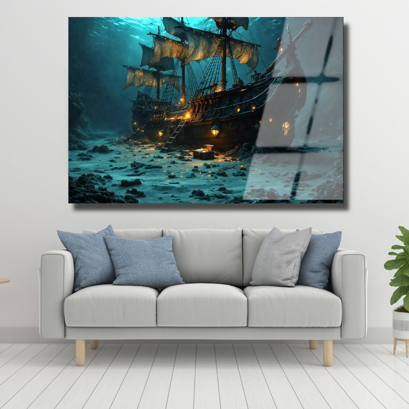 Bateau pirate, art mural en verre trempé, 30" H x 40" W