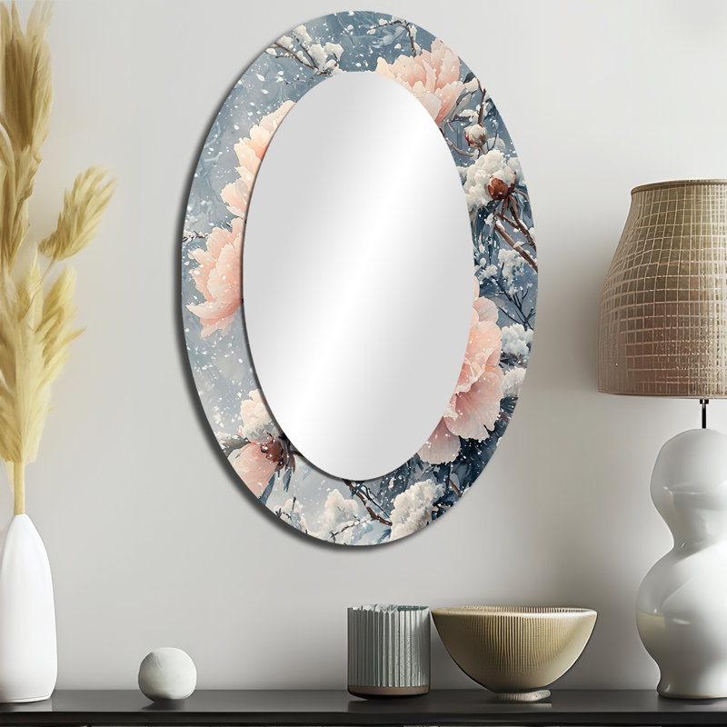 Pivoines dans le vent d'hiver III - Miroir mural traditionnel ovale, 36 po x 24 po