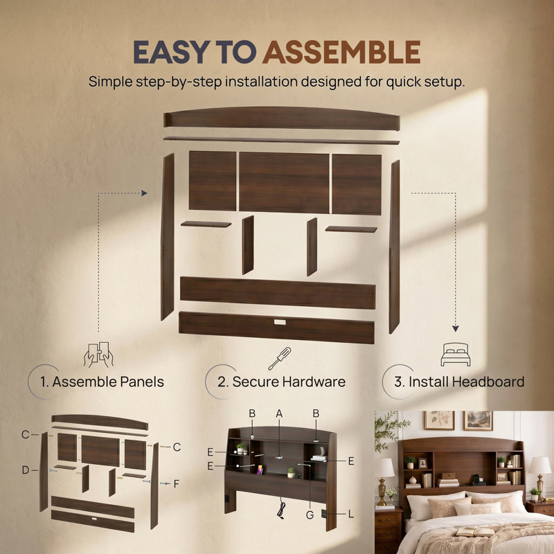  62" Queen Storage Headboard with Open Shelving and Built-In Cable Management Multi-Section Organizer for Books Devices and Nighttime Essentials Space-Saving Bedroom Setup for Easy Access