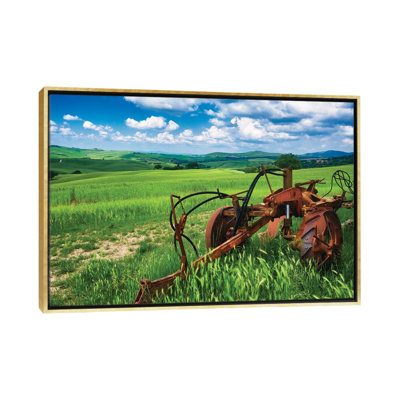 Soil Tilling Machine On A Farmland With Wheat Field, San Qurico D'Orcia, Tuscany, Italy - Wall Art Print - Framed Canvas