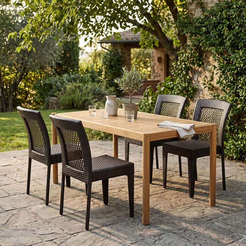 Ensemble complet de salle à manger d'extérieur 5 pièces avec table en acacia durable et chaises en rotin PE respirant