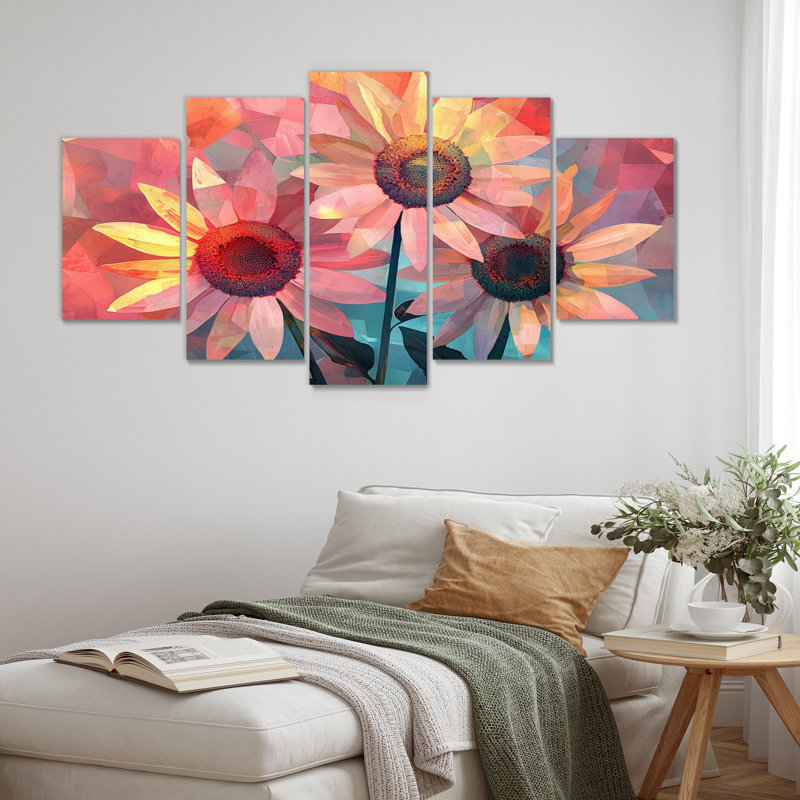 Collage de tons de tournesols roses II - art mural tournesols - ensemble d'art mural Traditiona diamant