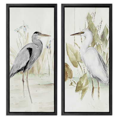 Heron Egret Marsh Landscape 2 PC Black Framed Floater Canvas Set by Lanie Loreth