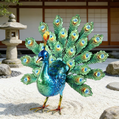 Hand-Painted Iron Peacock Garden Statue, Outdoor Yard Art Sculpture For Lawn, Patio, And Backyard Decoration, Elegant Housewarming Or Birthday Gift