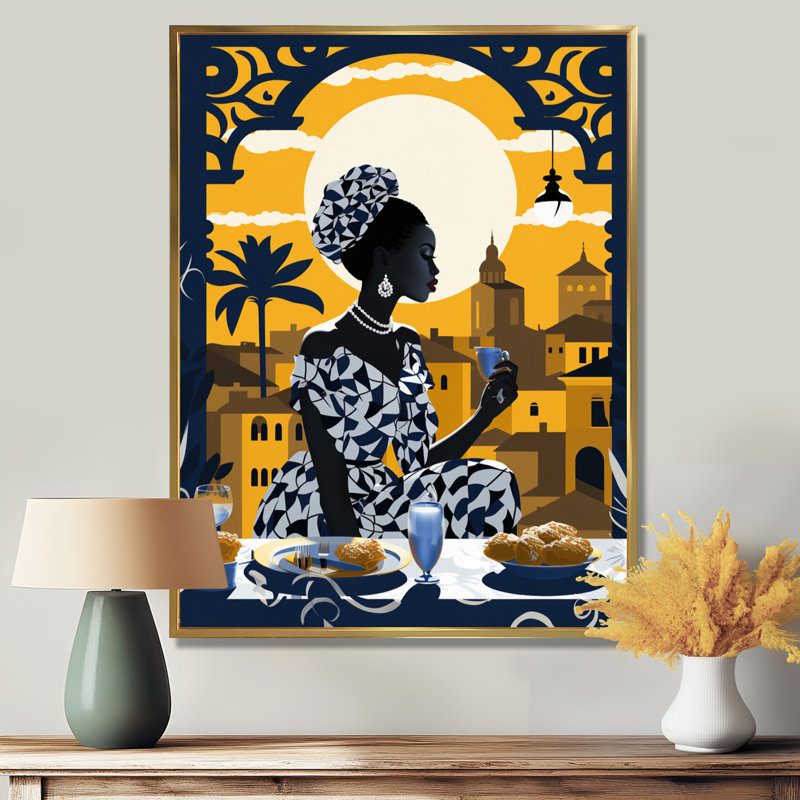 Silhouette urbaine de la pleine lune africaine, reproduction d'art mural africain, Cadre flottant doré