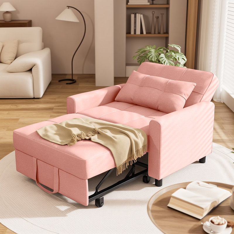 3-in-1 Convertible Accent Chair , Pull-Out Upholstered Sleeper Sofa Bed with Accent Pillow, Pink Linen Blend