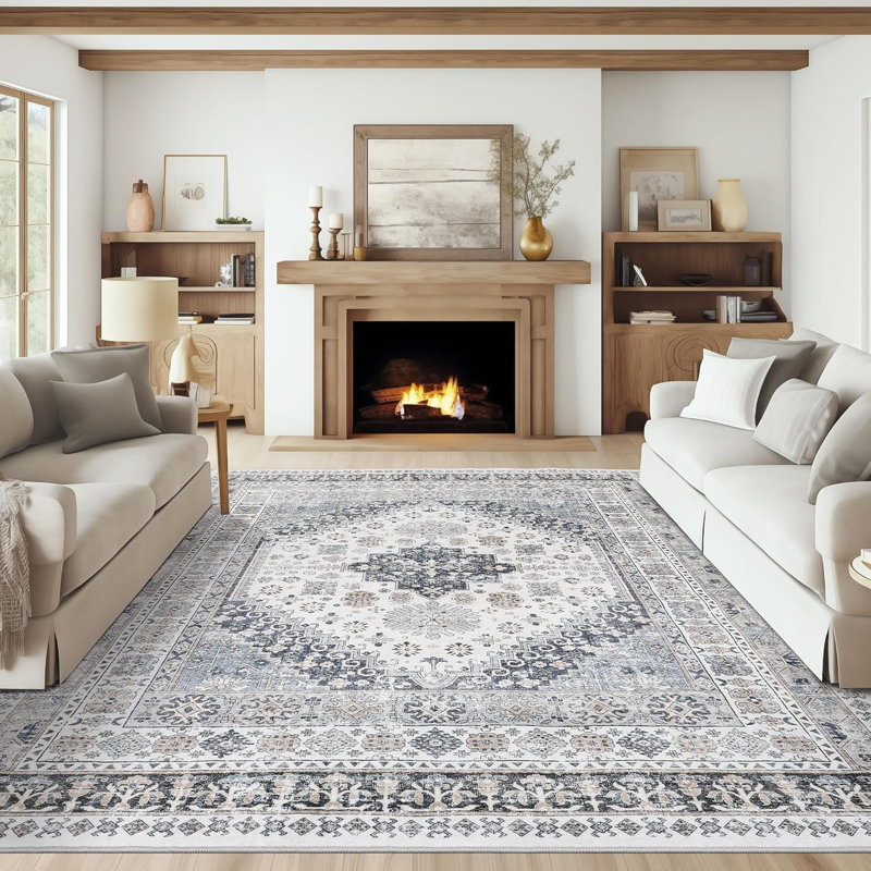 Medallion Non Slip Washable Area Rug(Grey), Rectangle 8' x 10'