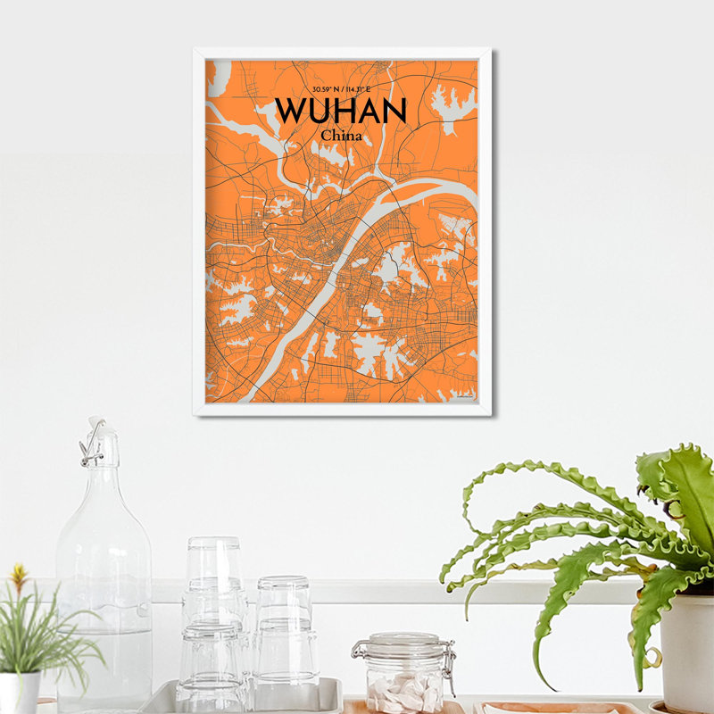 Carte de la ville de Whan, impression, H 20 po x l 16 po, Orange et gris