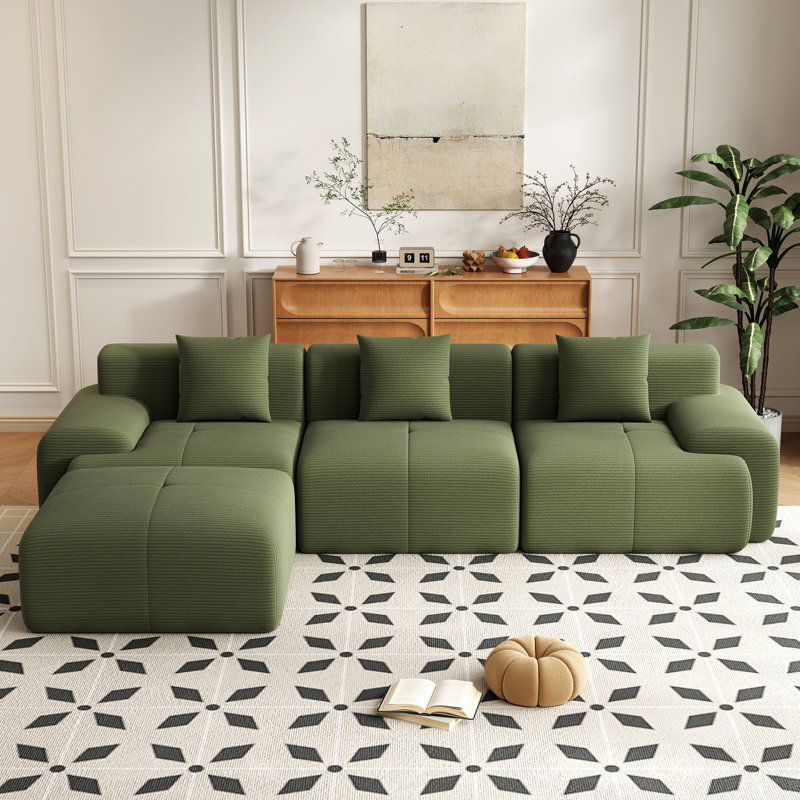 Boneless 120''W Mordern Design L Shpaed Corduroy Sectional Sleeper Compression Sofa With Ottoman, Green