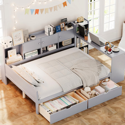 Lit de jour gris avec rangement abondant, bureau réglable et bibliothèque intégrée, convient aux mini-bureaux en forme de L avec bureau d'étude avec rangement, structure stable de petite taille