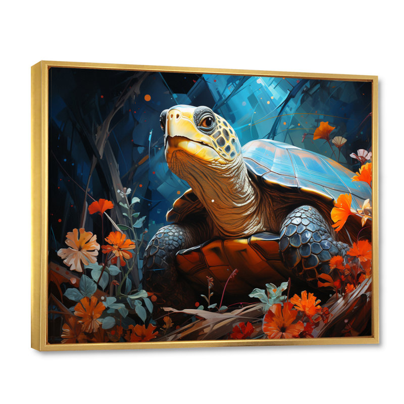 «Turtles Journey», collage floral sur toile, H 30 po x l 40 po x P 1,5 po, Cadre flottant doré