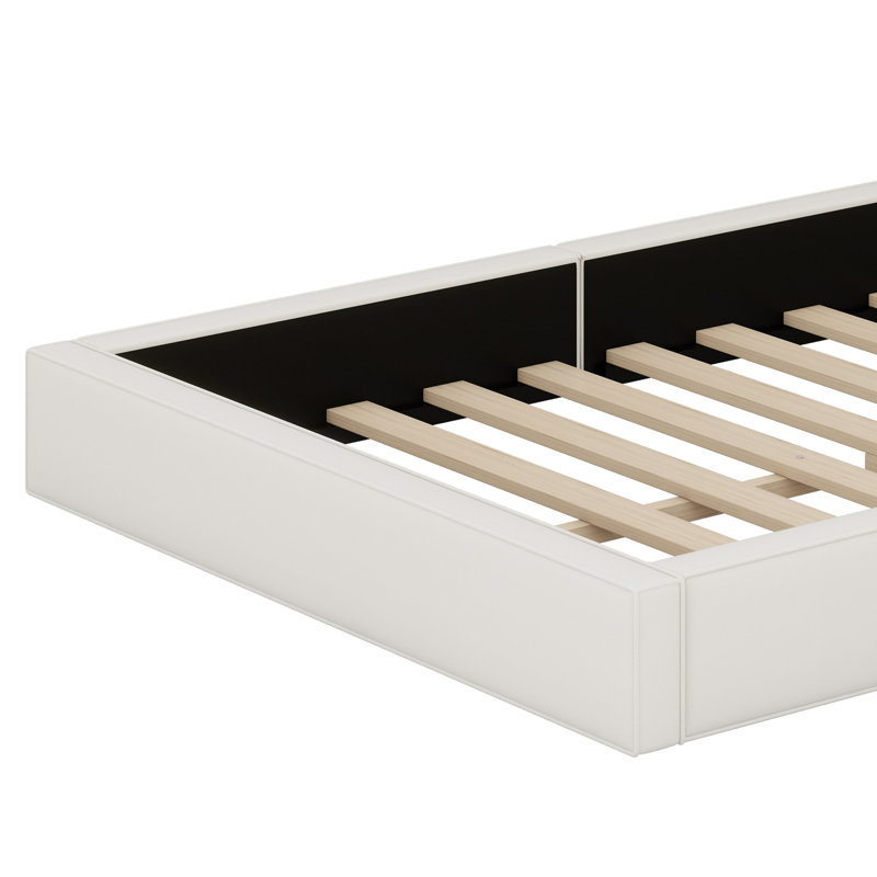 Upholstered Platform Bed, Grounded Bed With Solid Frame, Beige