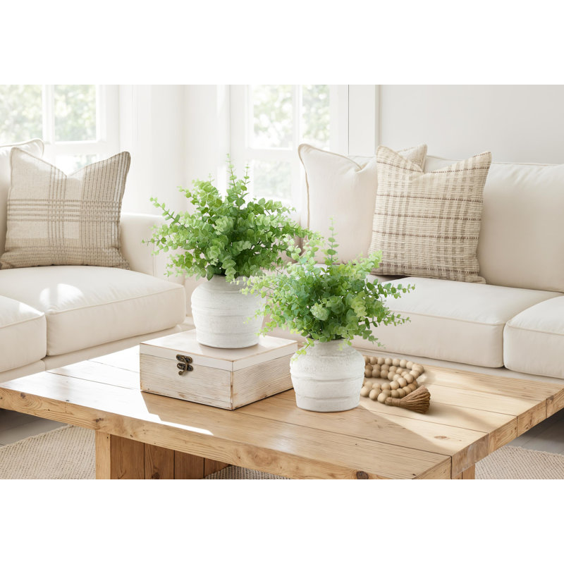 Plante artificielle, ensemble de 2, 16 po de hauteur, herbe d'eucalyptus, table, pots blancs, contemporain, moderne