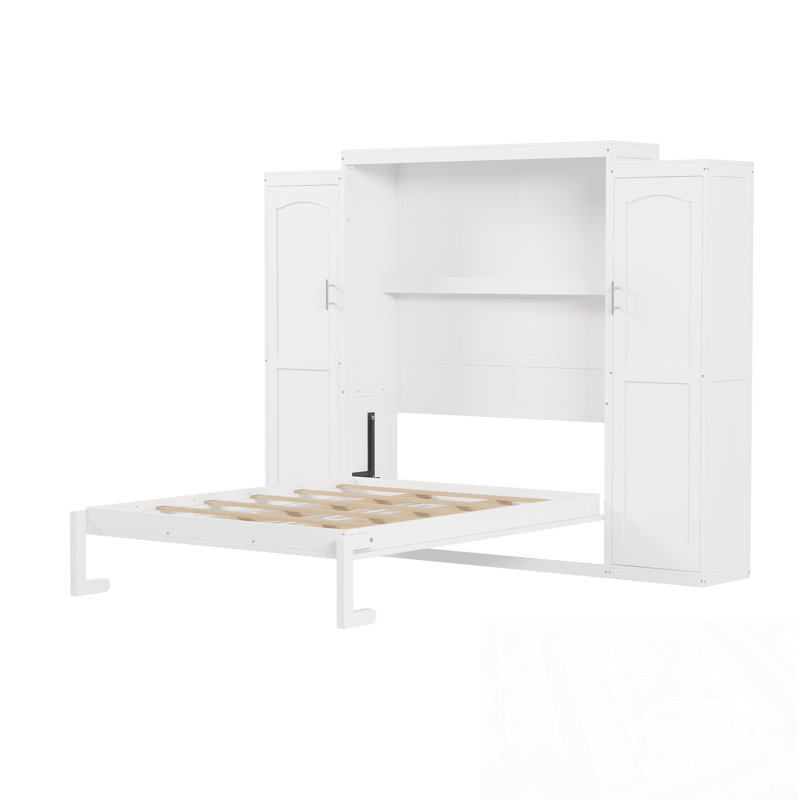 Lit escamotable double avec garde-robe et 2 tablettes de rangement, Blanc