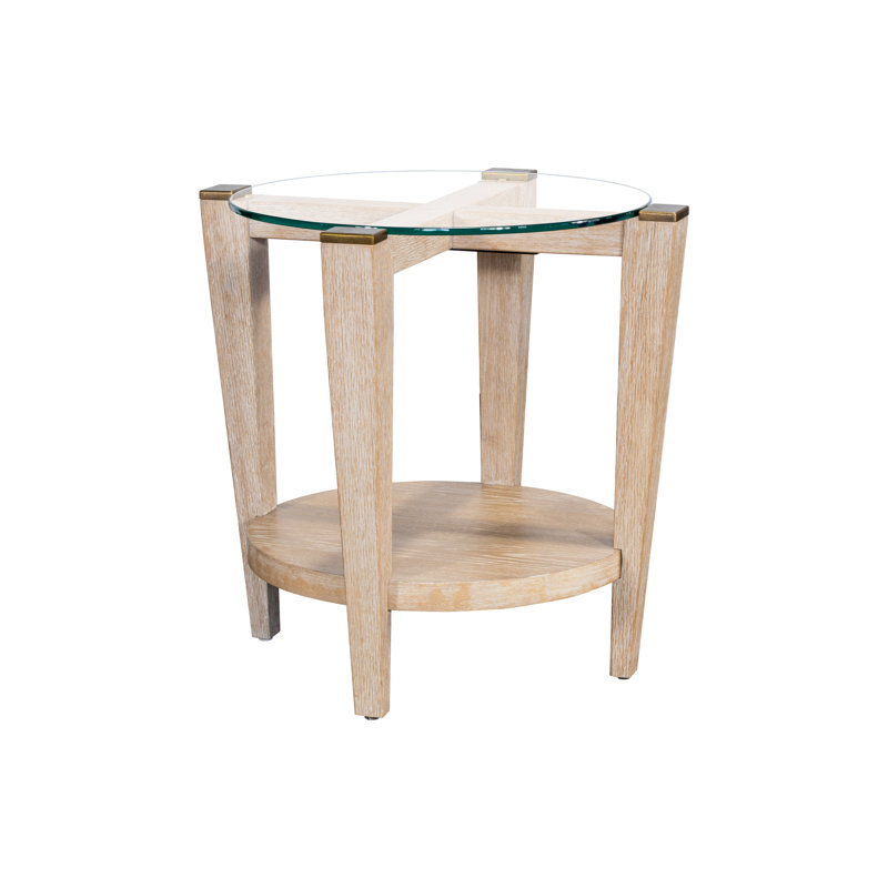 Round Bleached Oak and Glass End Table with Antique Brass Accents