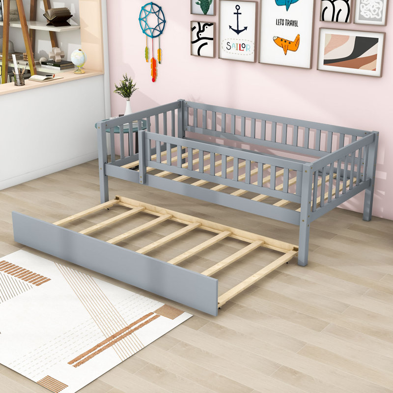 Wood Daybed with Twin Trundle and Guardrails, Gray, Twin