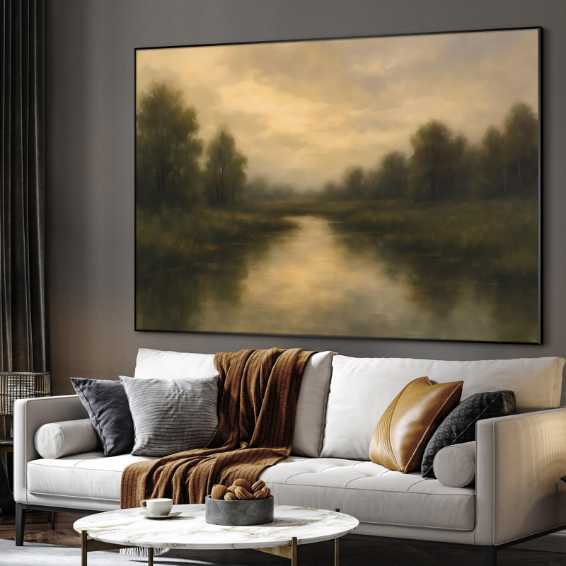 Très grande reproduction d'art sur toile - Crépuscule doré sur une rivière et des arbres, décoration pour le salon ou la chambre à coucher - «Assemblage requis du cadre (cadre non fini)»