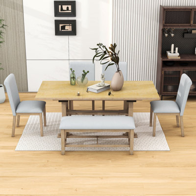 Ensemble de salle à manger 6 pièces Lourdez, table avec chaises rembourrées et banc