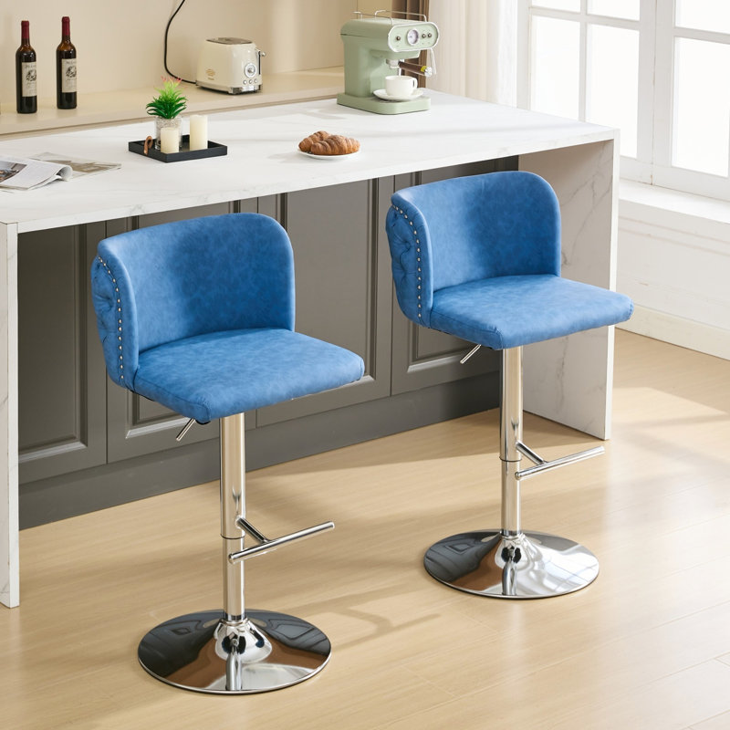 2pcs Adjustable Height Bar Stools In Blue - Pu Leather, 360° Swivel, Ergonomic Back With Waist Support, Heavy-duty Base 17.7 Inch Modern Leather Swivel Of 2 Seat 25-33 Inch, Blue, For Home Pub