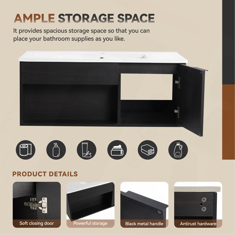 Meuble-lavabo flottant mural 36 po avec lavabo en céramique 36 po - Armoire moderne en chêne foncé avec tablette ouverte et porte à fermeture en douceur, espace de rangement spacieux (robinet et drain non inclus)