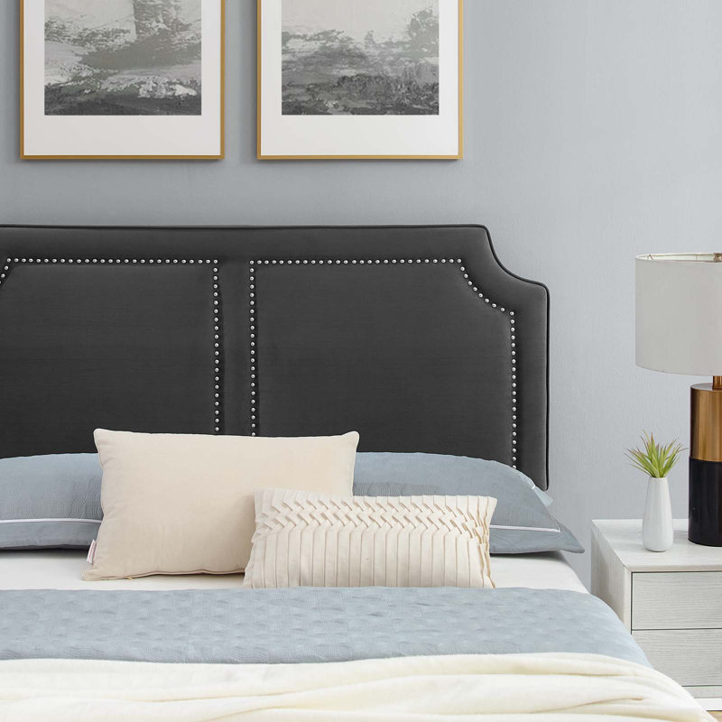 Navy Velvet Upholstered King Bed with Nailhead Trim and Slats