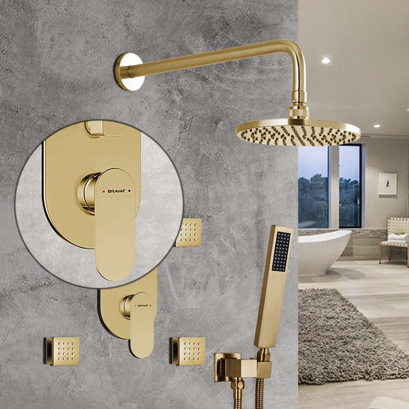 Ensemble de douche Bravat or brossé avec robinet mélangeur à 3 voies mural
