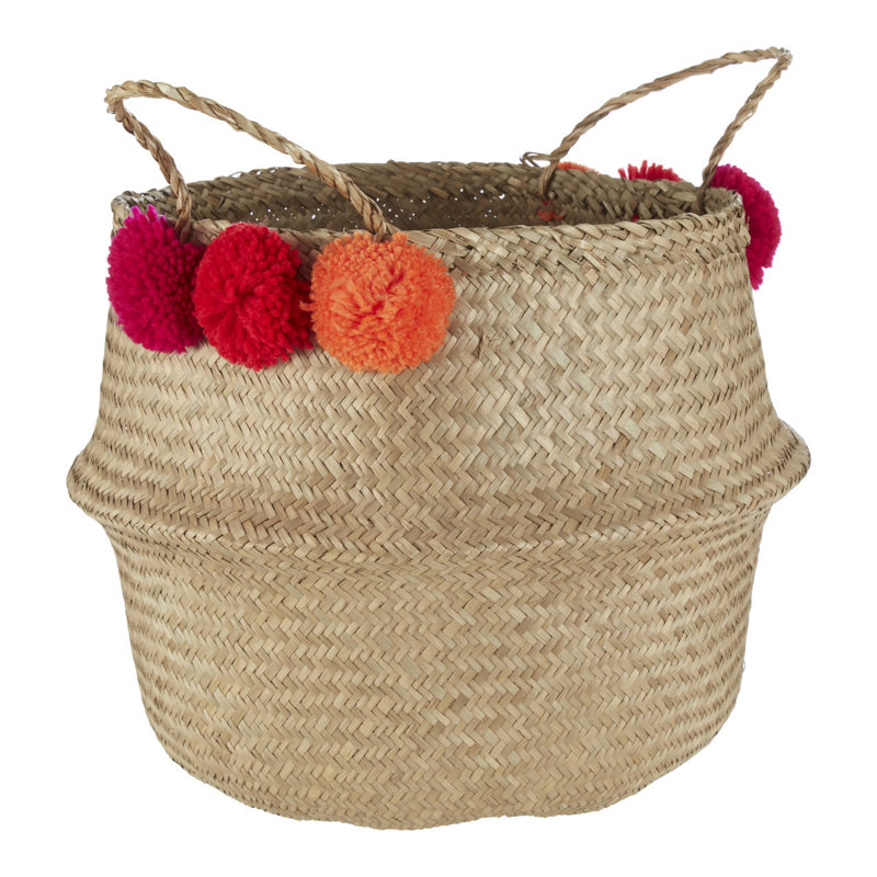 Pom Pom Seagrass Basket, 28cm H x 30cm W x 30cm D